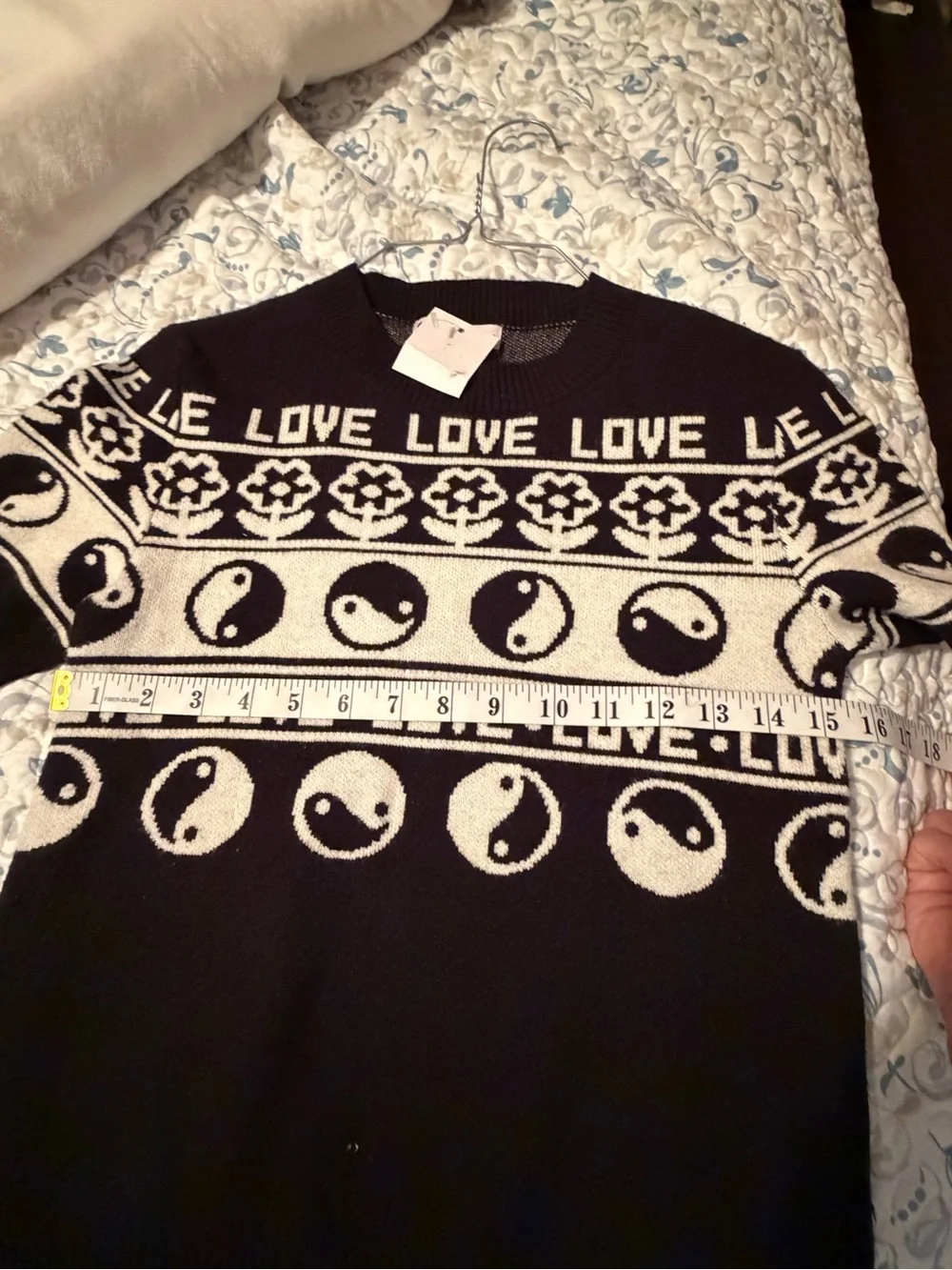 SO Black & White Crewneck Knit Top with LOVE and Yin-Yang Pattern